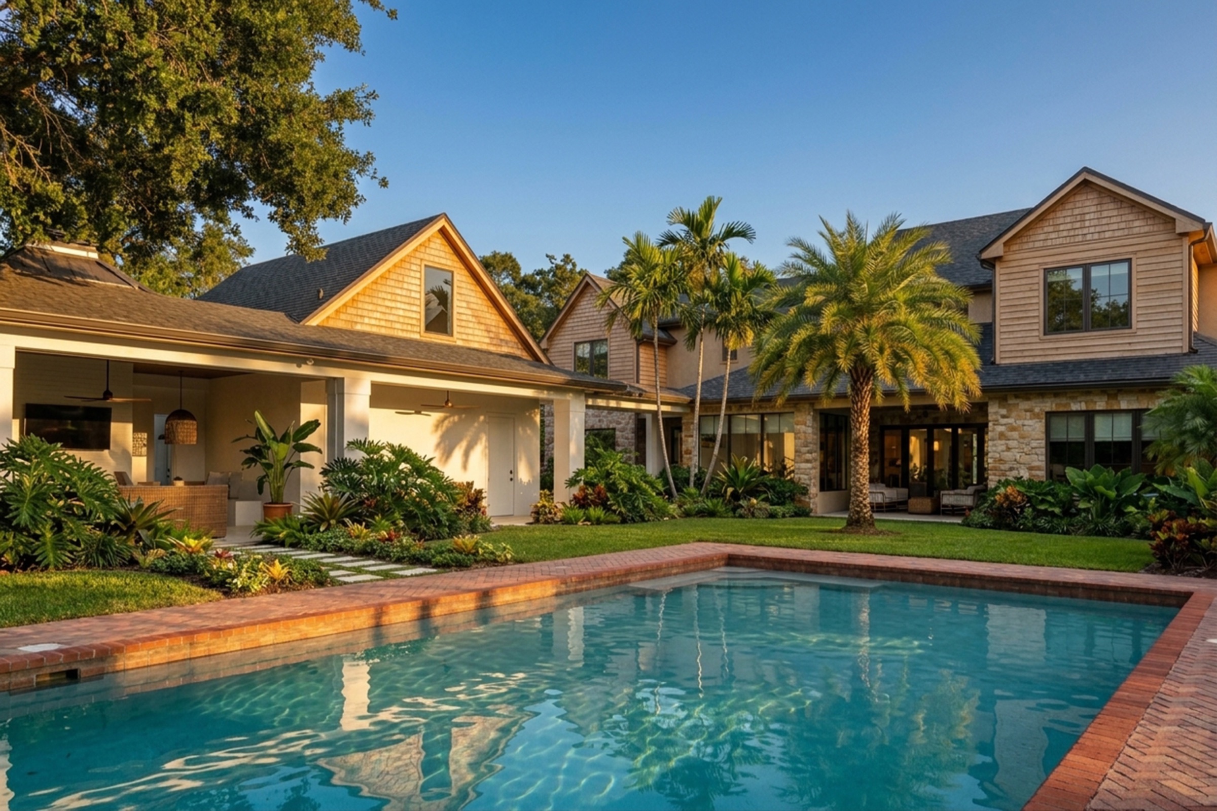 Central Florida home exterior at golden hour, pool and palms, warm light on the house.
