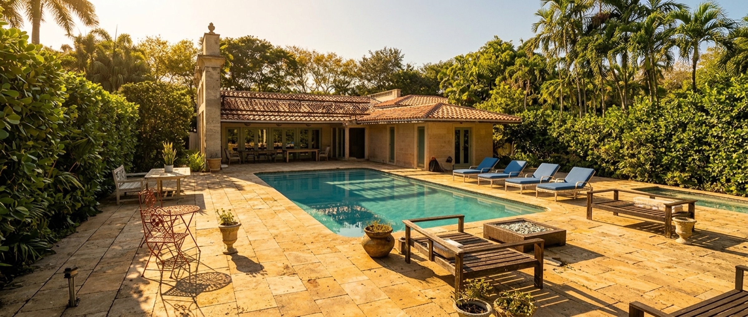 Courtyard pool at golden hour, long shadows from chairs and planters across the patio.