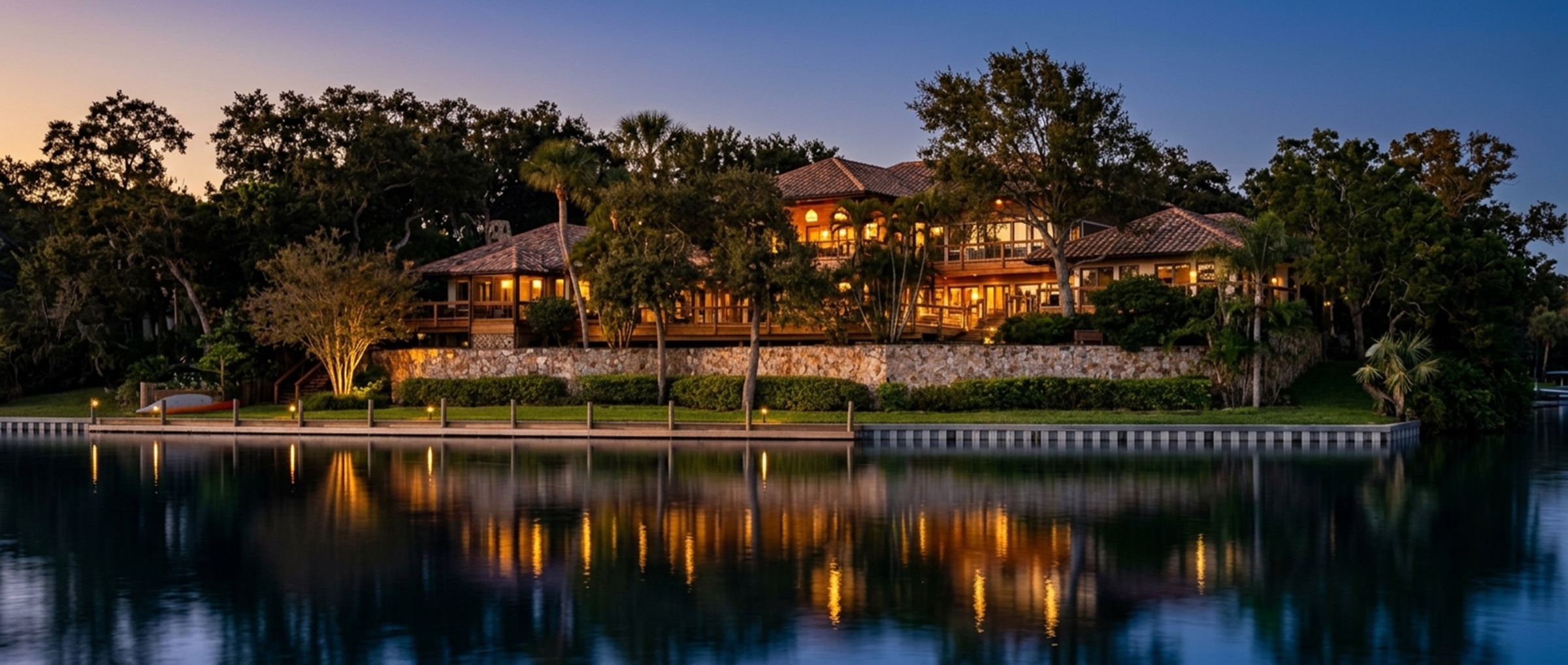 Dusk waterfront home, glowing warm through the trees, glass-smooth lake reflection.