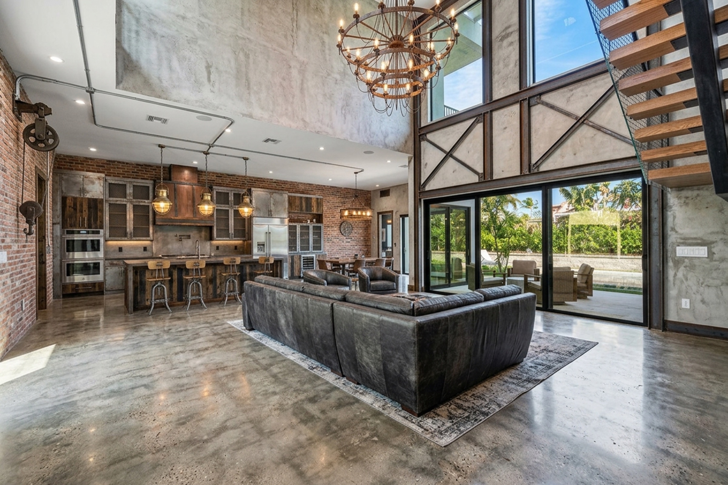 Double-height great room, exposed concrete and brick, structural steel, pool and yard visible through the windows.