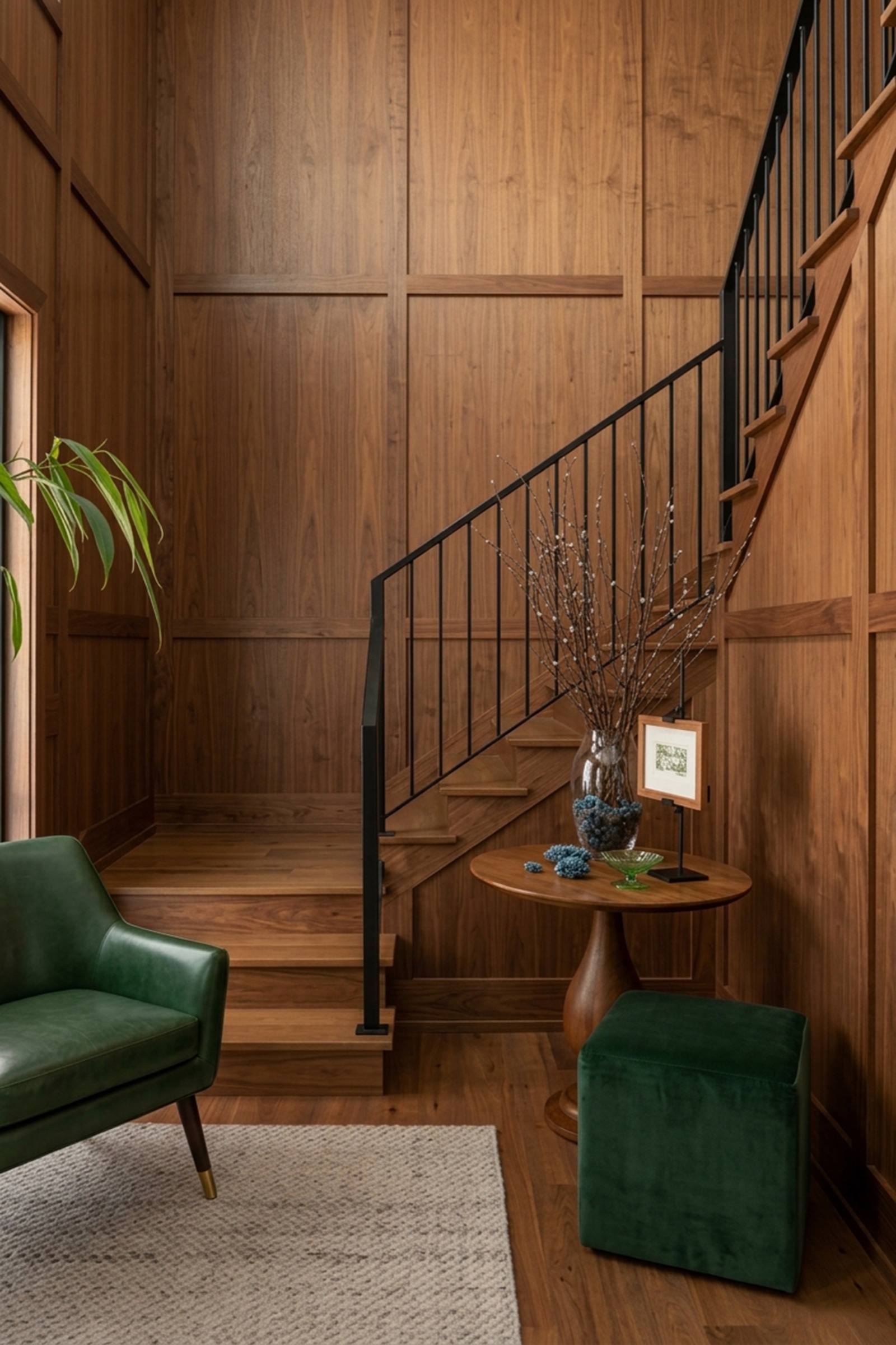 Walnut-paneled stairwell with black metal railing, shot in true vertical orientation.