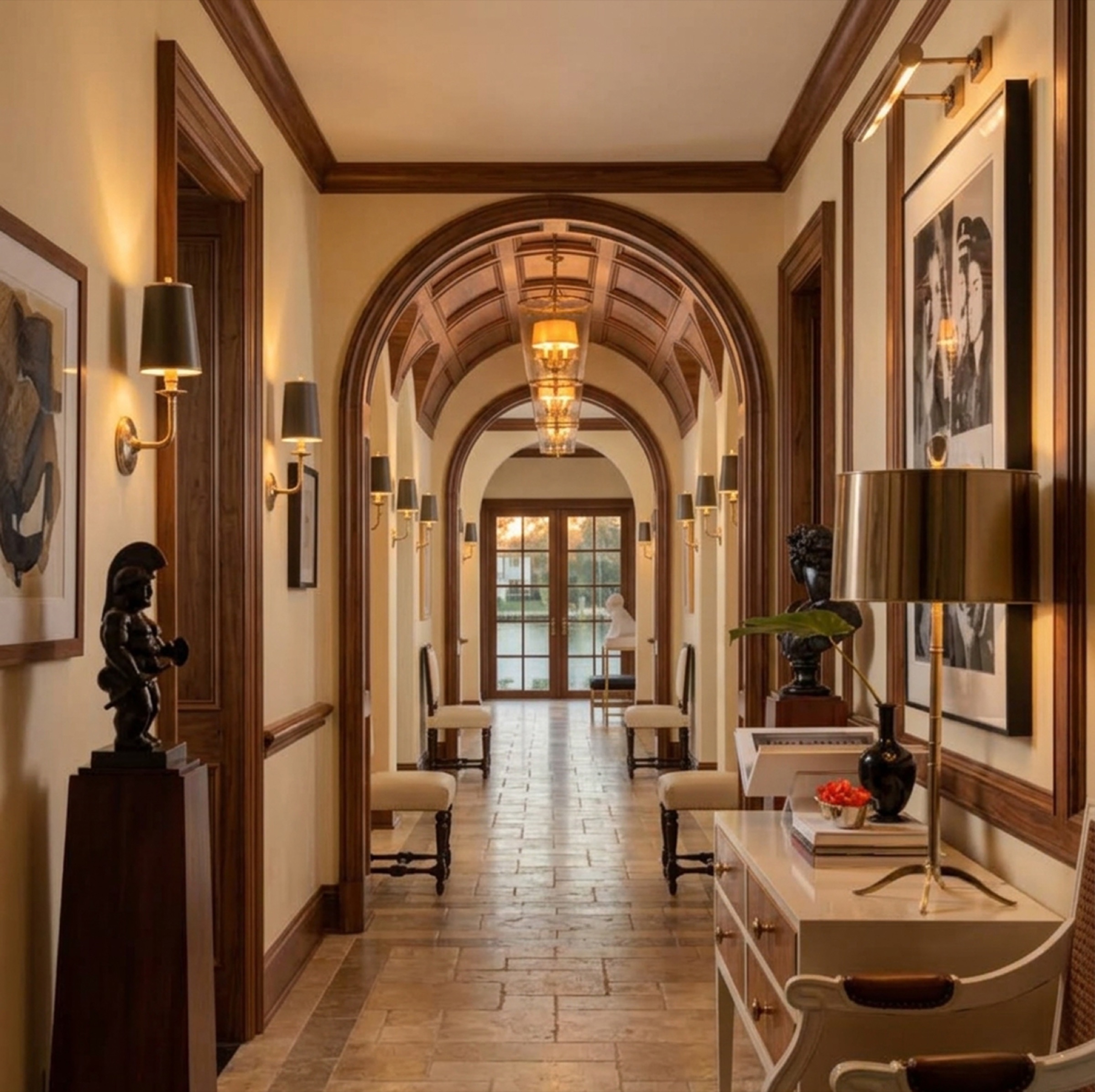 Coffered barrel-vault ceiling receding through arched doorways to French doors and a water view.