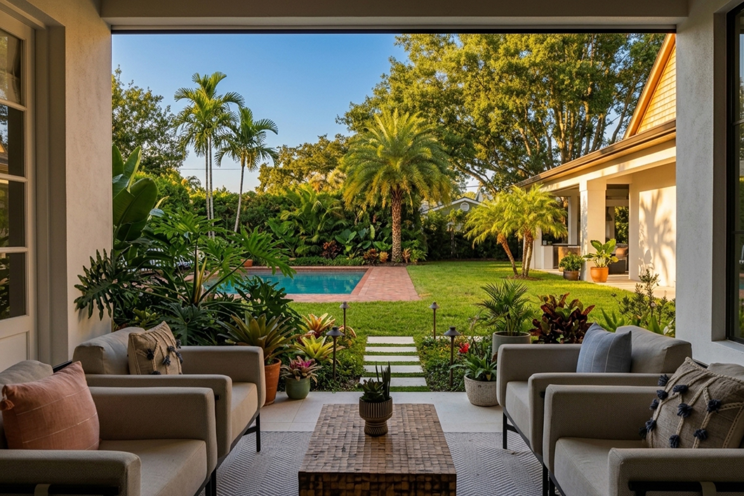 Covered lanai looking out at the pool and yard, full daylight golden hour.