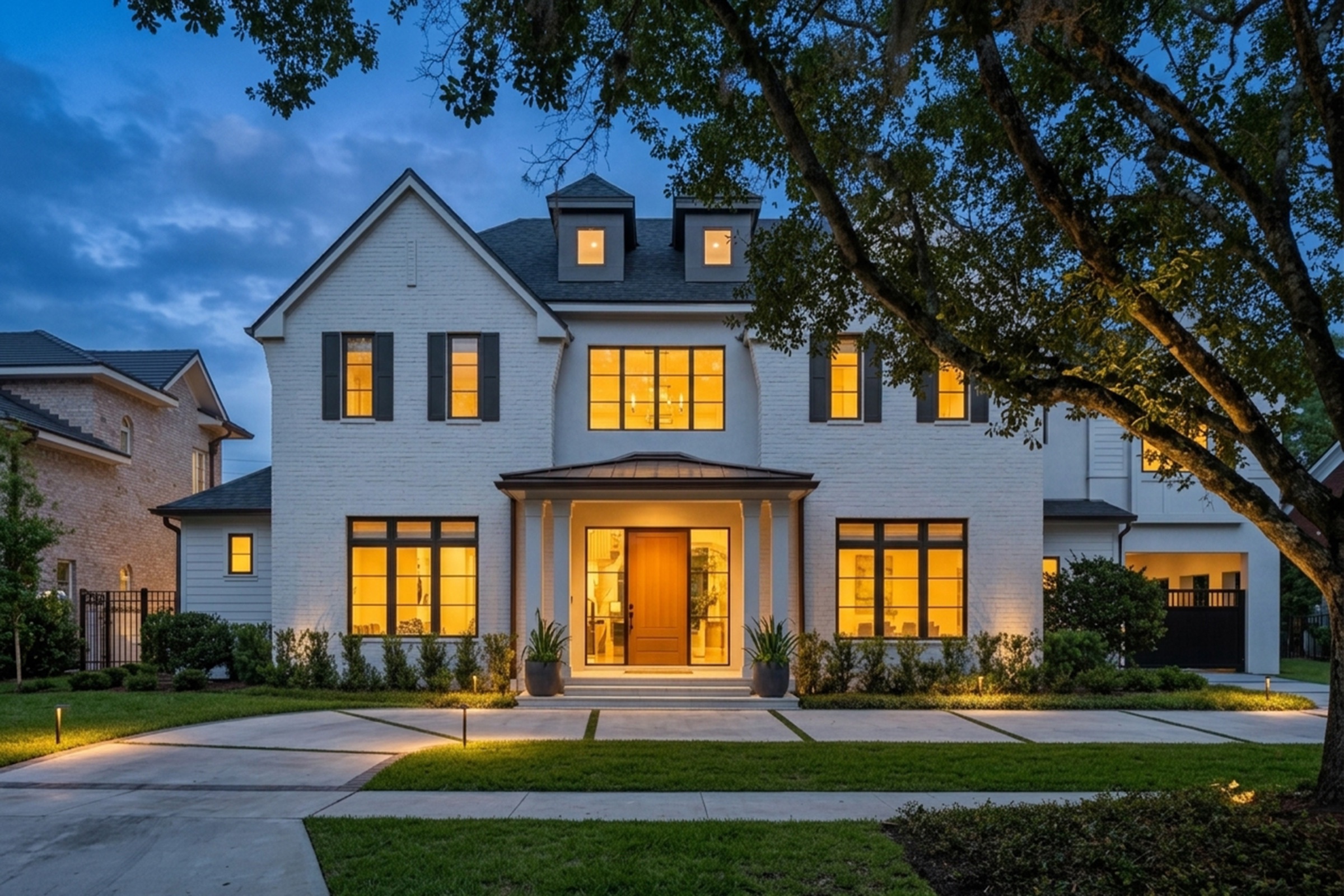Full estate at true dusk, deep blue sky, every window glowing warm, landscape lighting on.