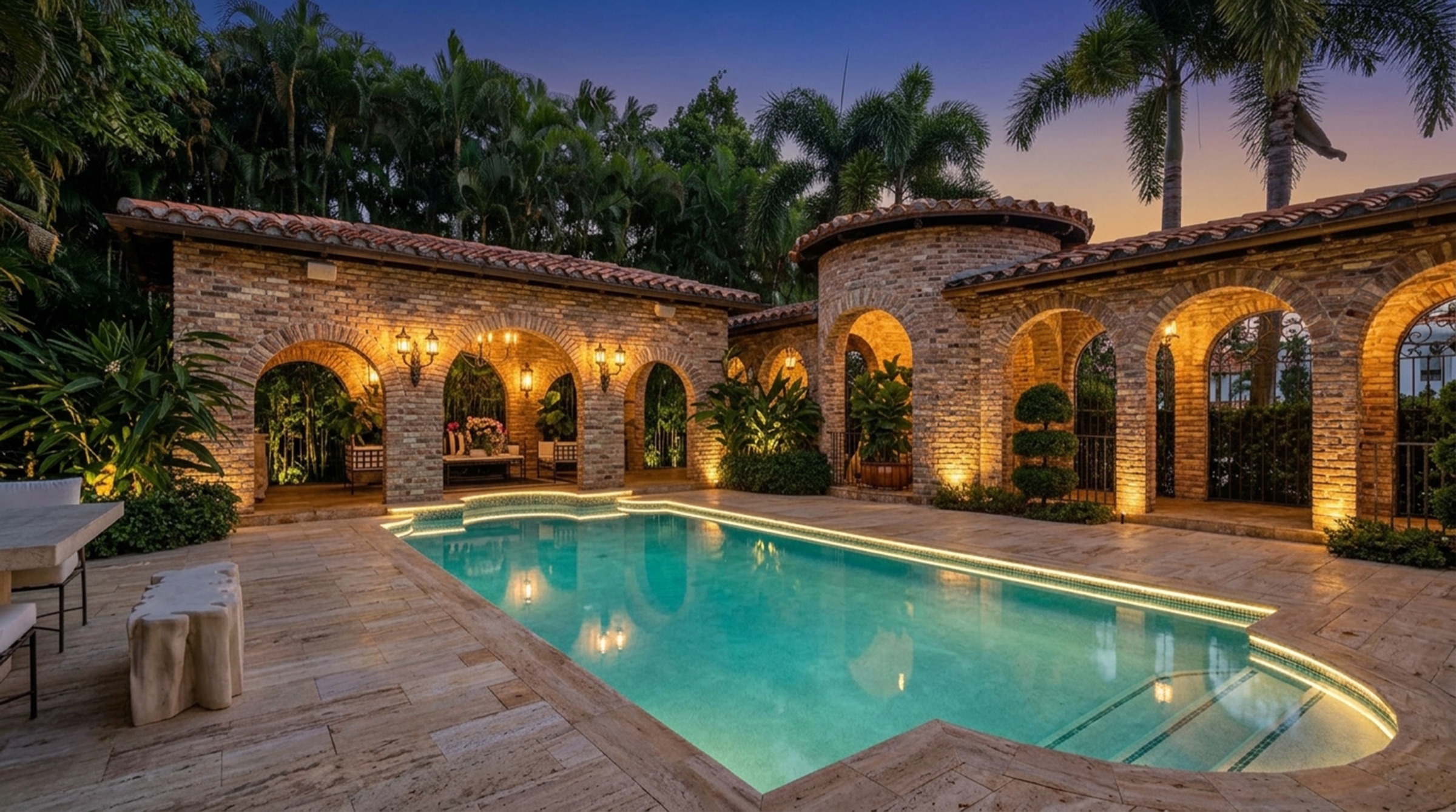 Genuine twilight sky, pool reflections of the arches and lantern light.