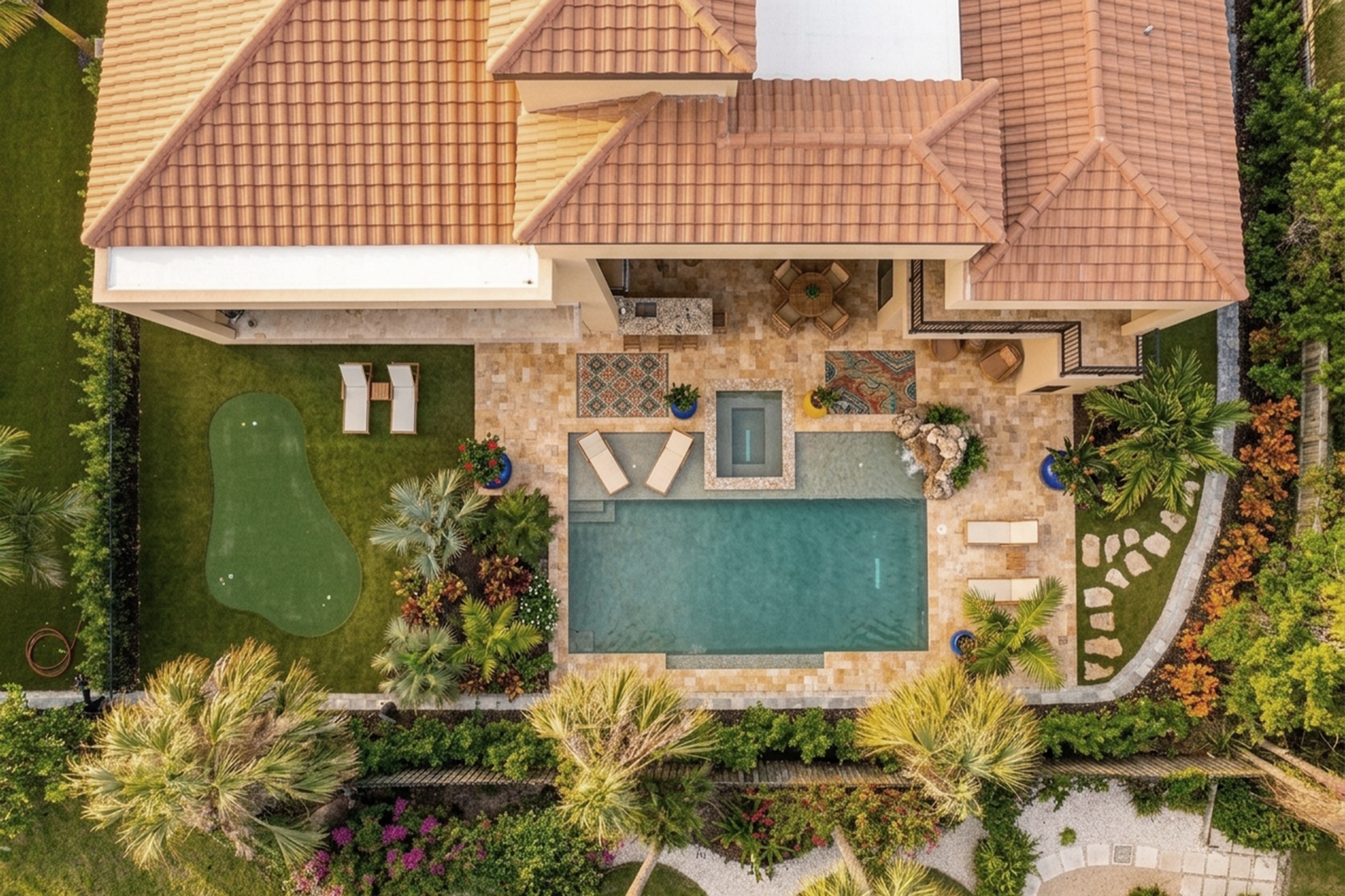 Straight-down aerial of the pool, putting green, and patio, shot from directly above.