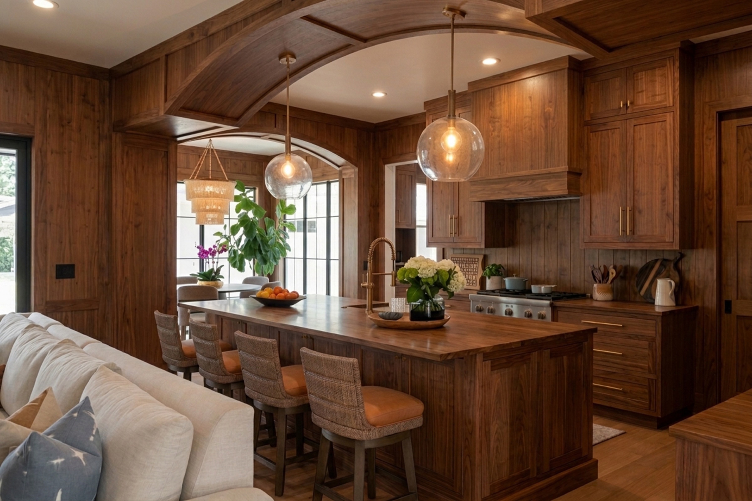Dark wood-paneled kitchen with a carved barrel-vault arch, shot from the tour position.