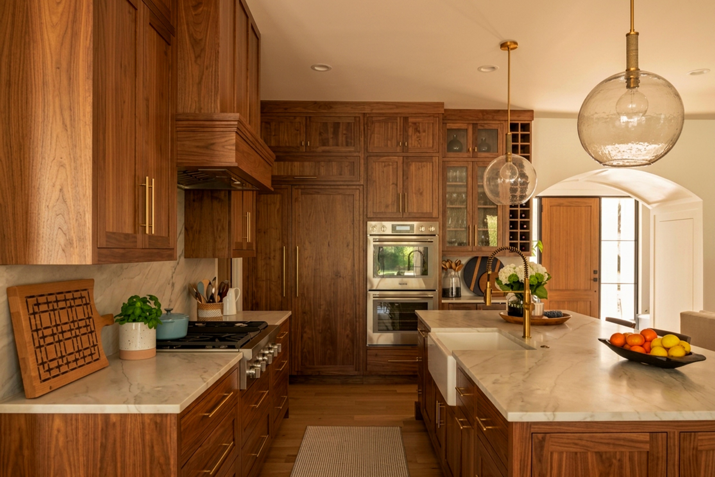 Walnut kitchen shot down the counter line, depth through to an arched doorway.