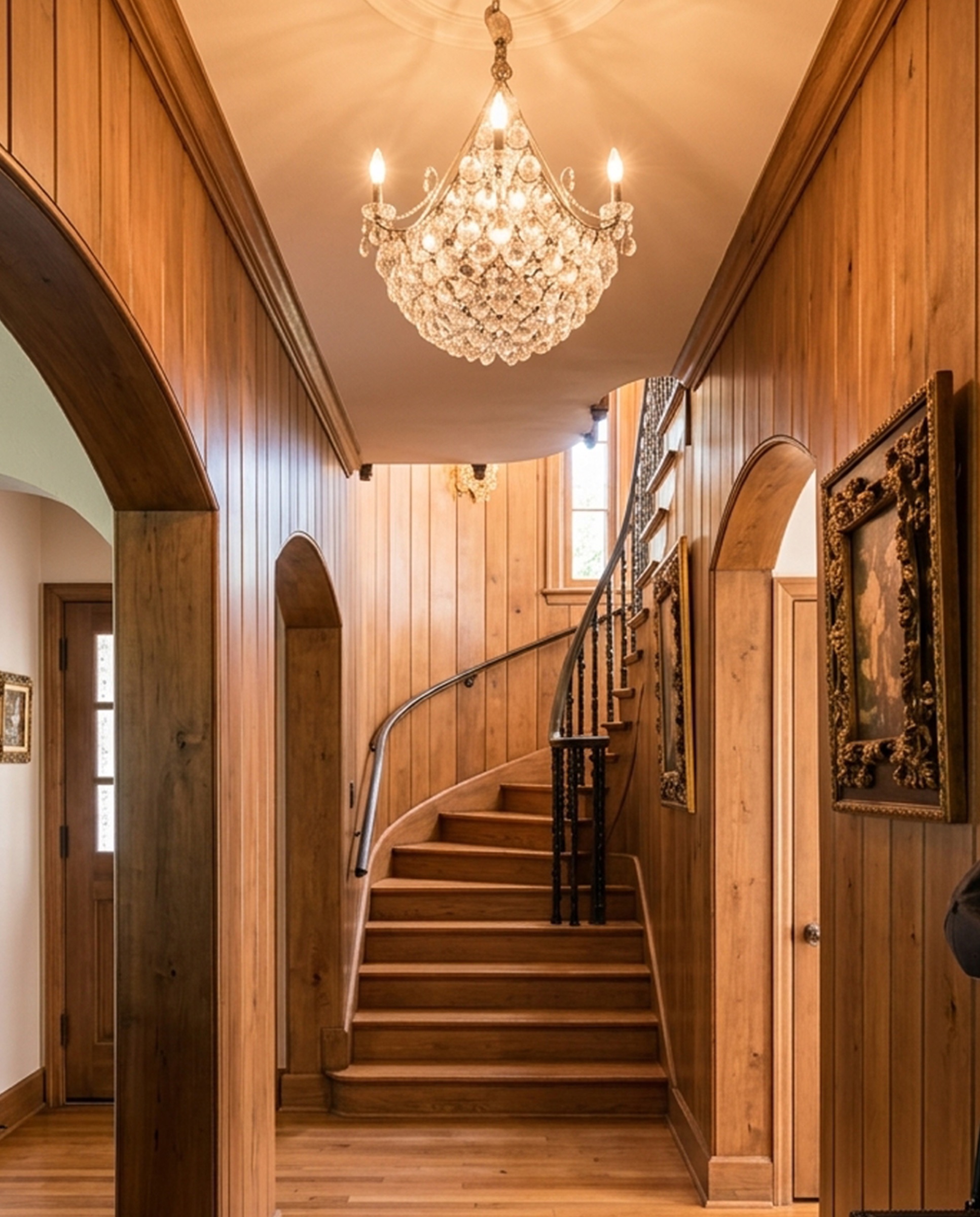 Warm wood-paneled hallway, curved staircase, crystal chandelier.
