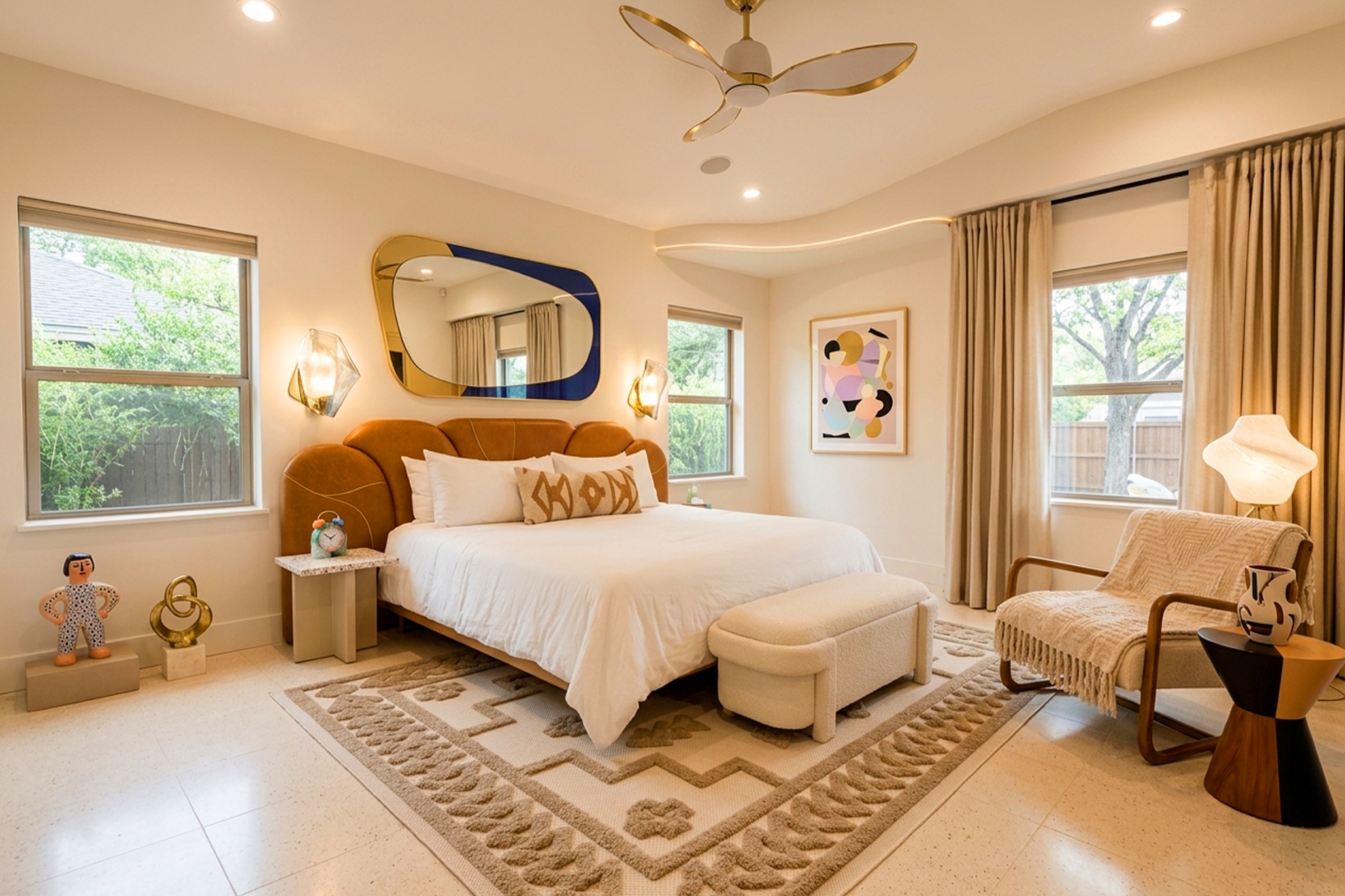 Bright terrazzo-floored bedroom, window light on both sides, neutral and tan palette.