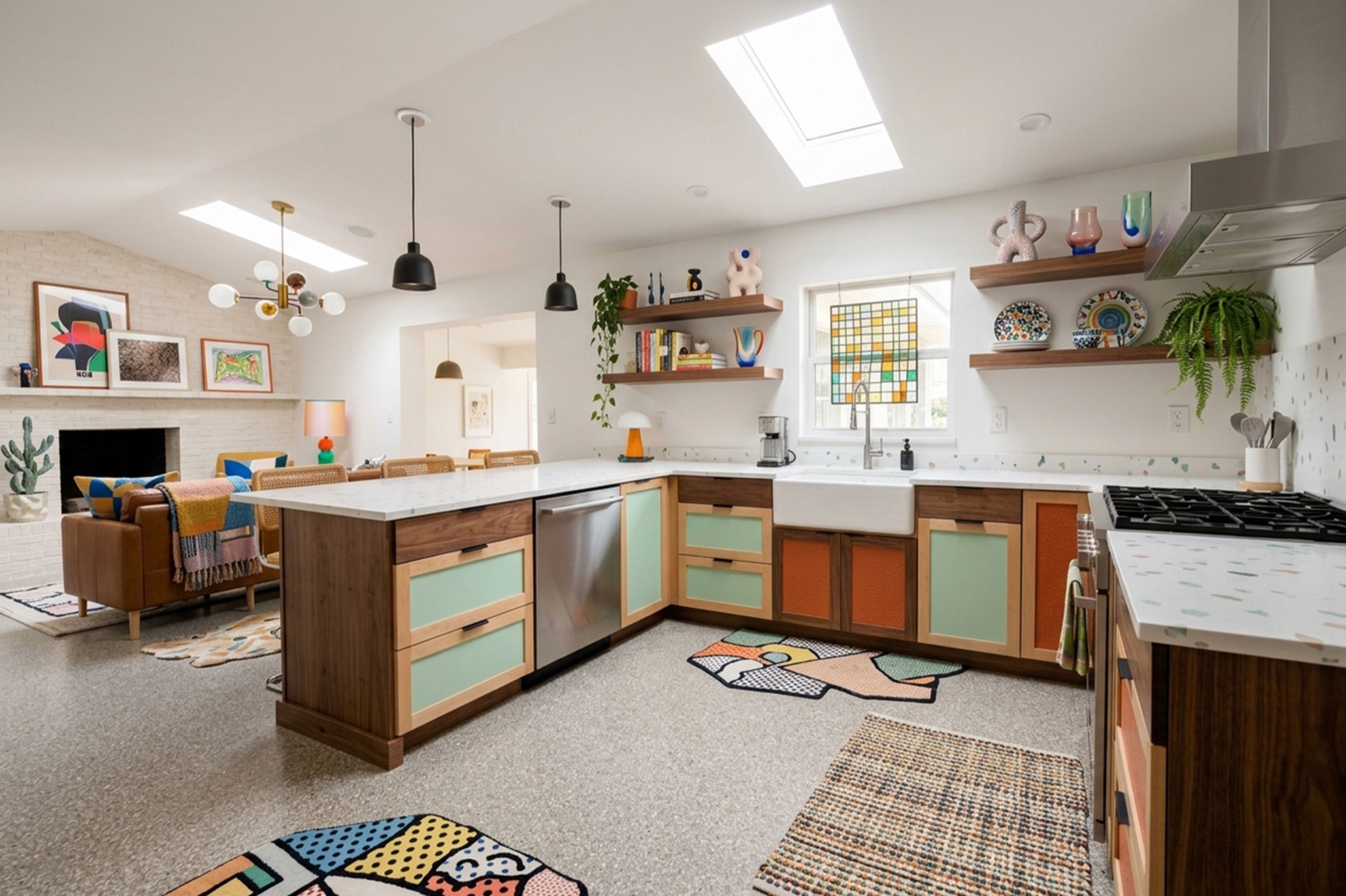 Kitchen and living-room flow, mint and orange cabinets, patterned rugs, eclectic art.